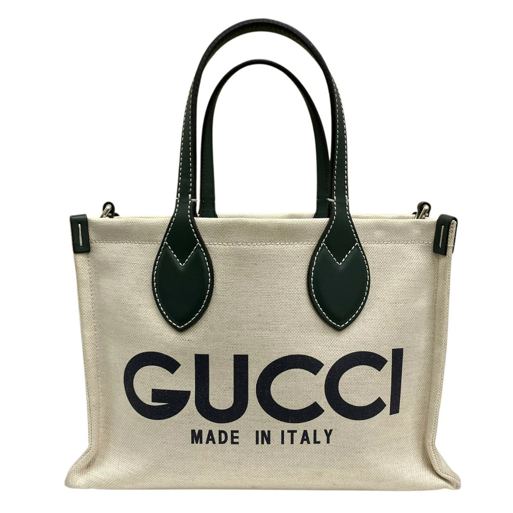 Gucci Logo Print Canvas Leather Tote Bag Tan